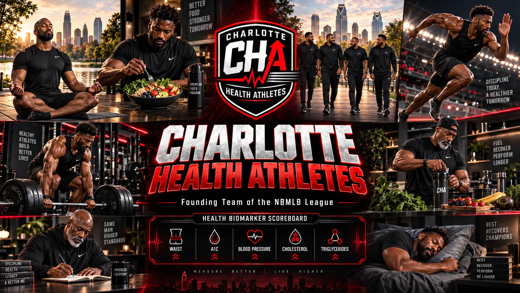 Charlotte Health Athletes™ — Black men walking together in team gear along the Charlotte waterfront at sunset